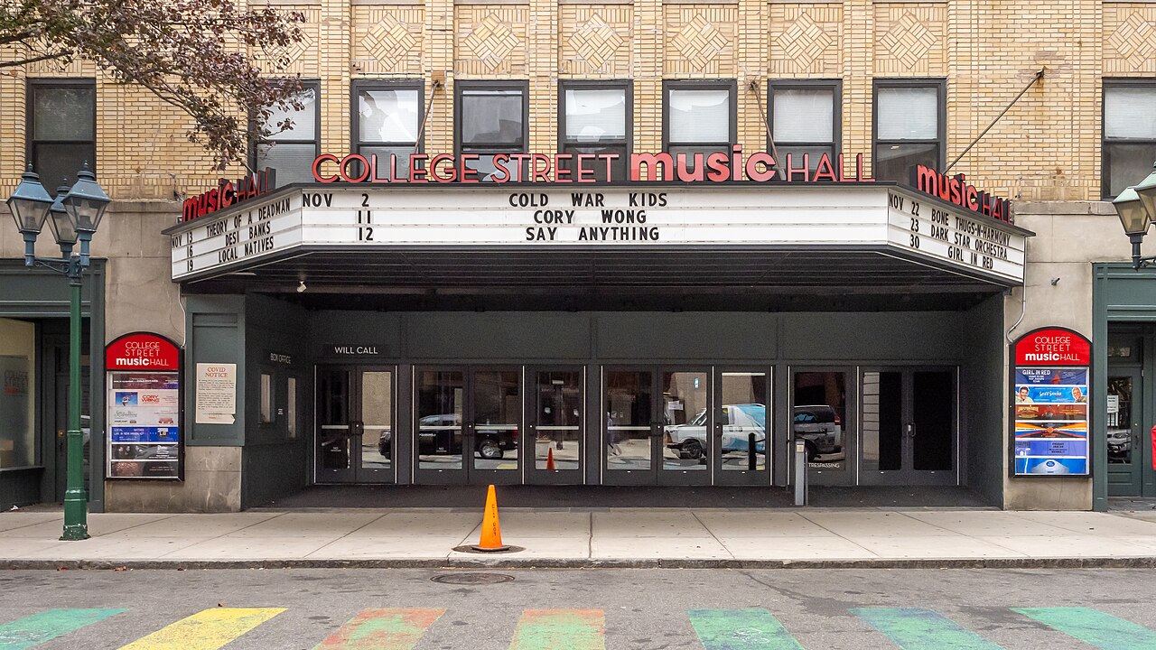 College Street Music Hall, New Haven: historical entrance and marquee; displayed shows are not current listings; photographed 2024-10-29
