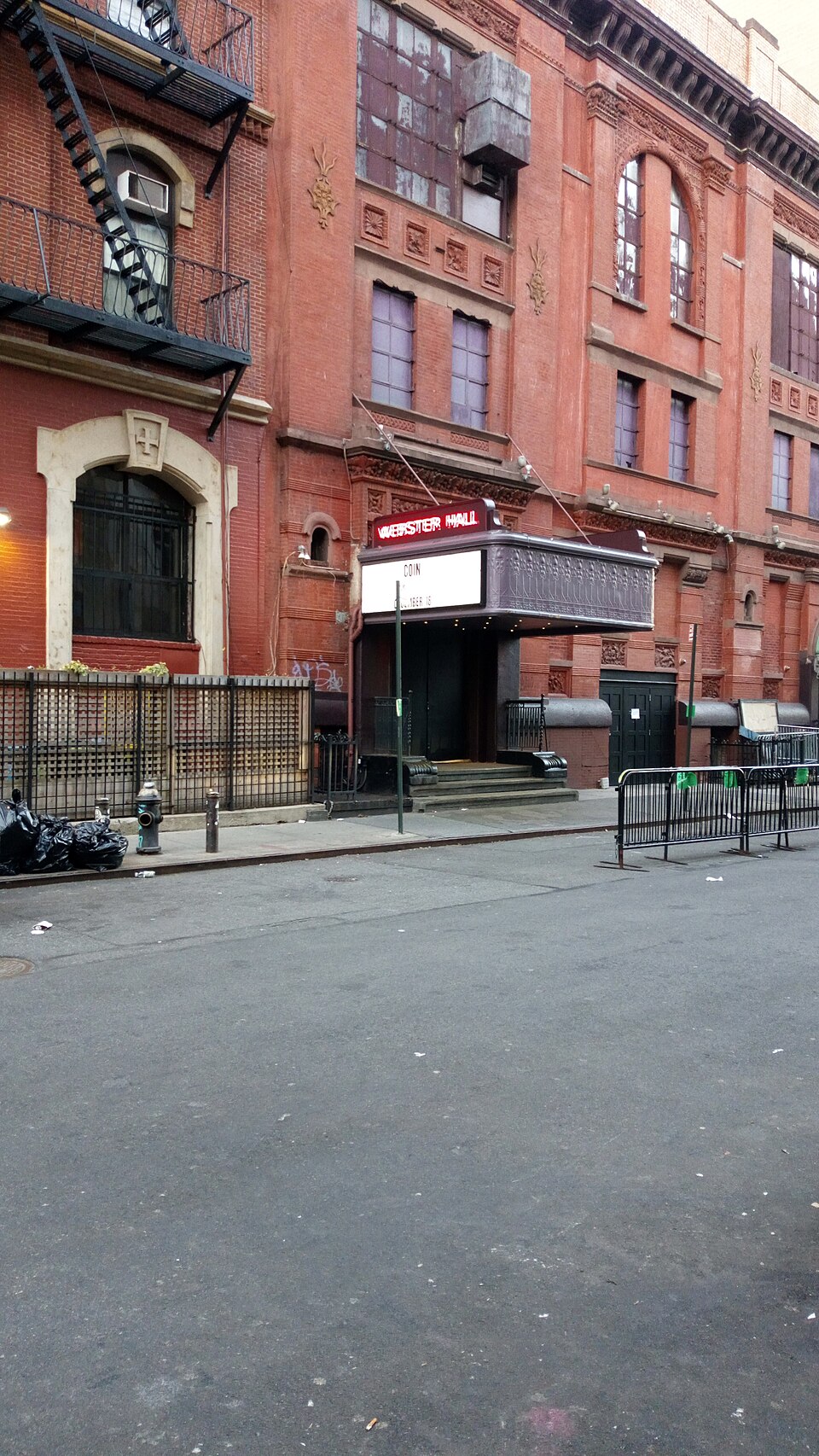 Webster Hall exterior in New York City, photographed in 2021; not this NYE event